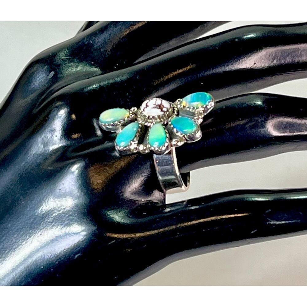 Balloon Opal Wild Horse Turquoise Sterling Cluster Ring Adjust Southwestern 925 - Picture 7 of 15
